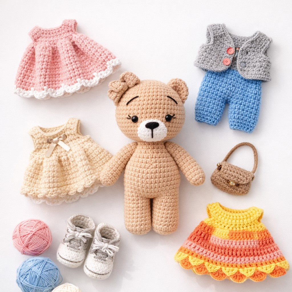 Crocheted teddy bear with various outfits on a white background