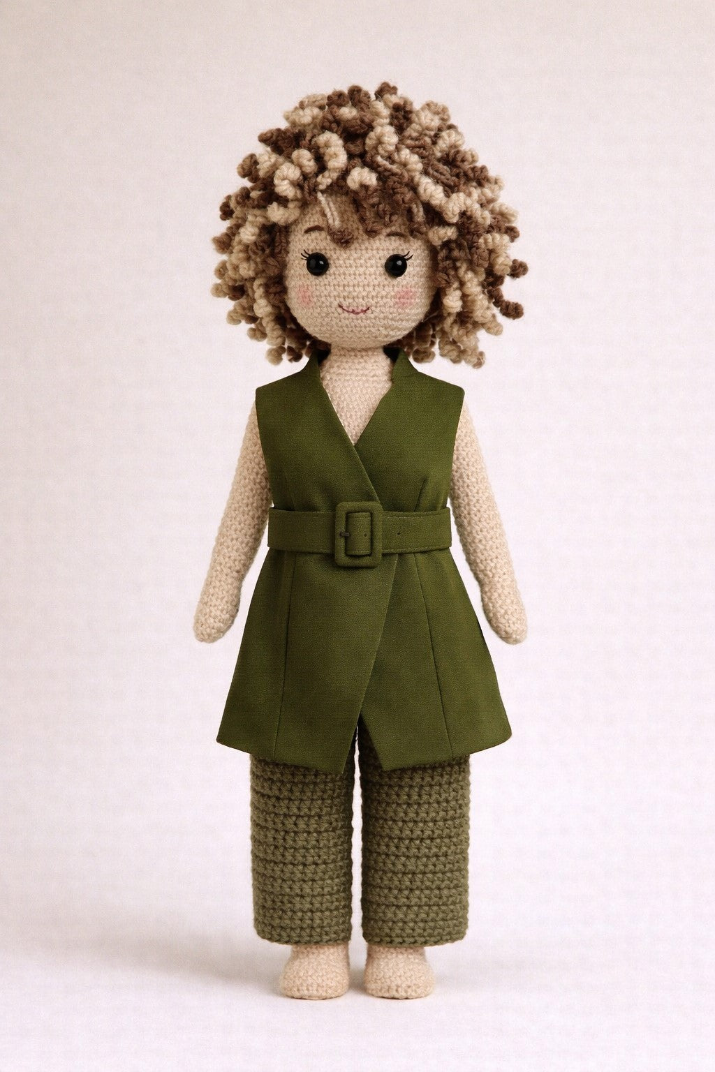 Knitted doll wearing a green vest and brown pants on a light background