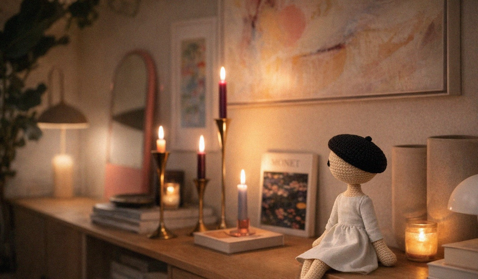 Candlelit room with a crocheted doll in a white dress and black beret on a wooden surface.